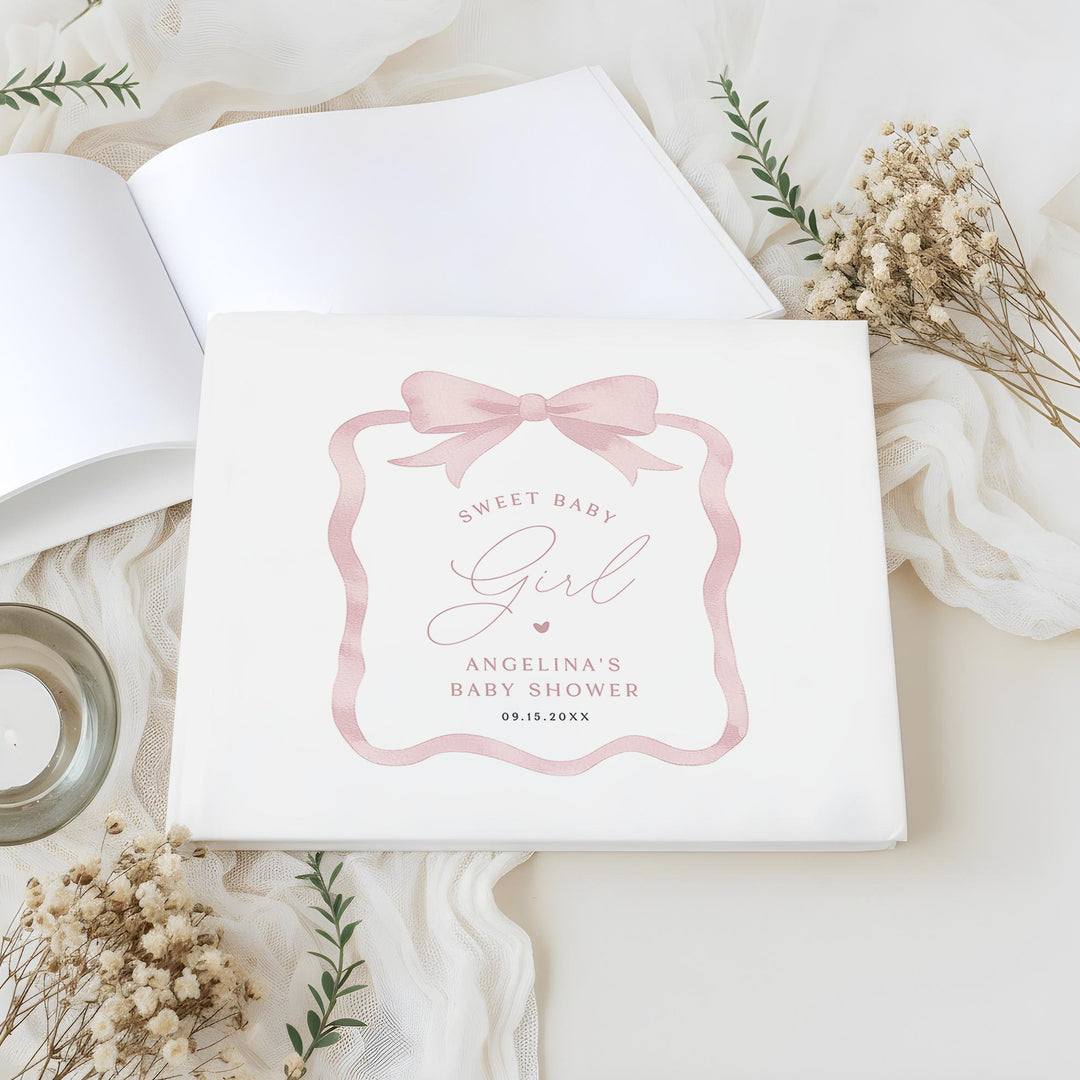 ANGELINA Personalized Pink Bow Baby Shower Guest Book