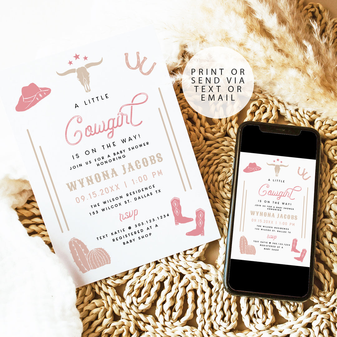 WYNONA Pink Cowgirl On The Way Rodeo Baby Shower Invitation Template