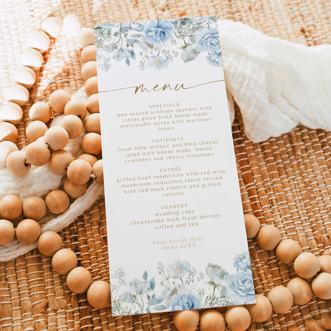FLEUR Elegant Dusty Blue Floral Menu Cards