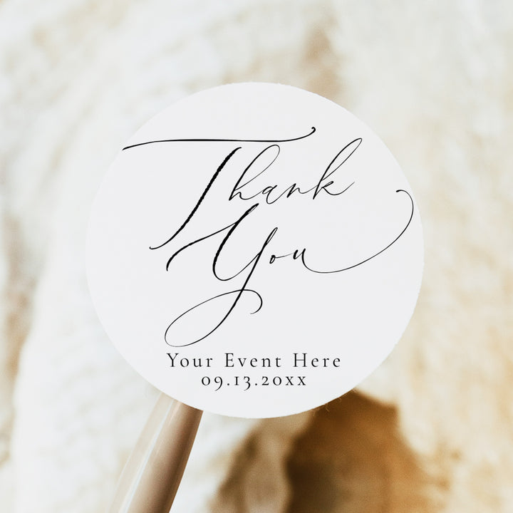VALENTINA Round Script Black and White Thank You Stickers