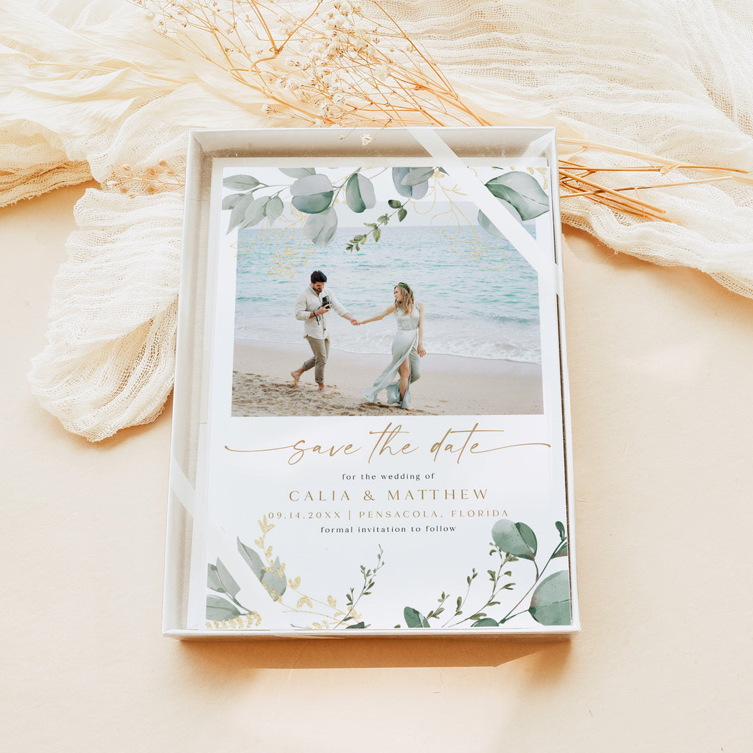 CALIA Eucalyptus Watercolor Engagement Photo Save the Date Cards