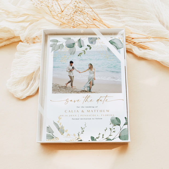 CALIA Eucalyptus Watercolor Engagement Photo Save the Date Cards