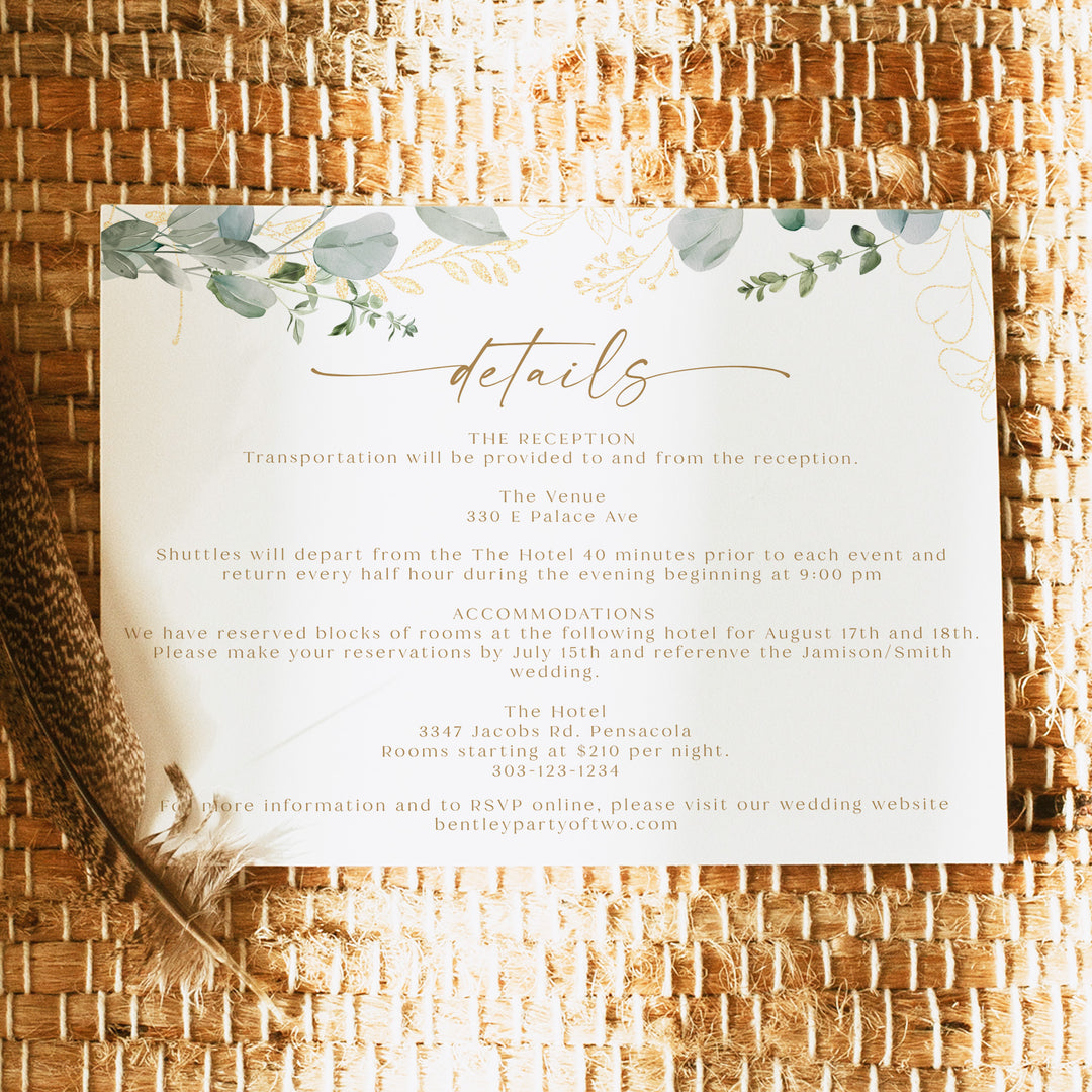 CALIA Sage Green and Gold Garden Wedding Details Card