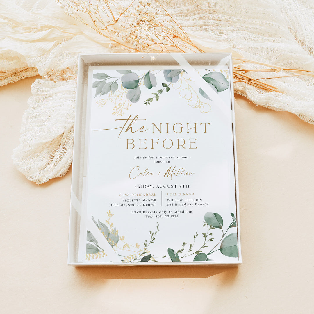 CALIA The Night Before Elegant Greenery Rehearsal Dinner Invitations