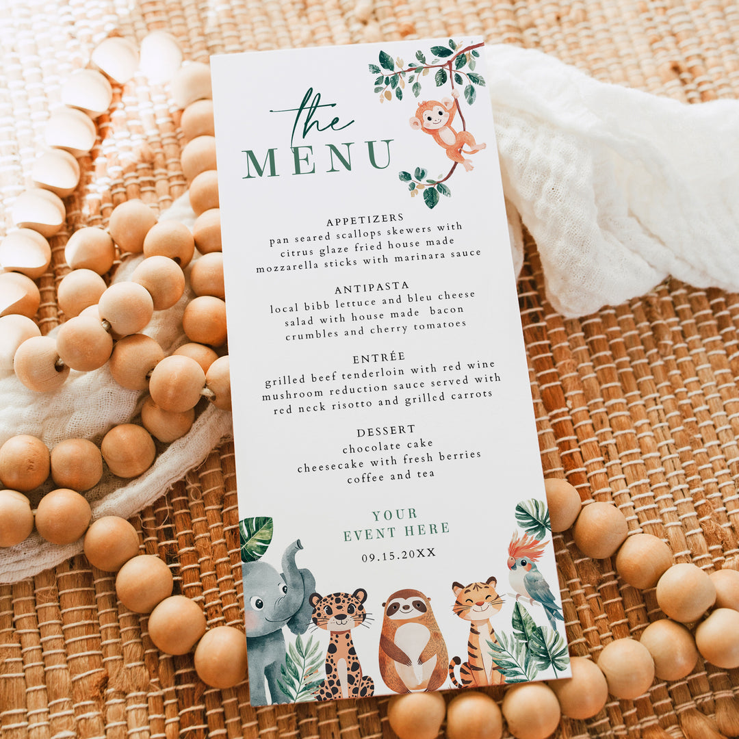 WILDER Cute Jungle Safari Animals Menu Cards