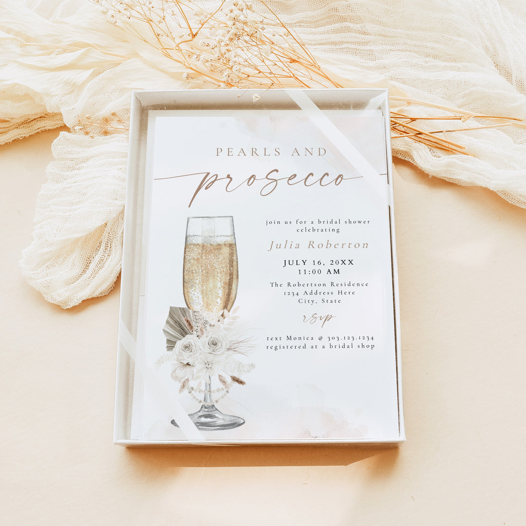 JULIA Pearls and Prosecco Boho Floral Bridal Shower Invite