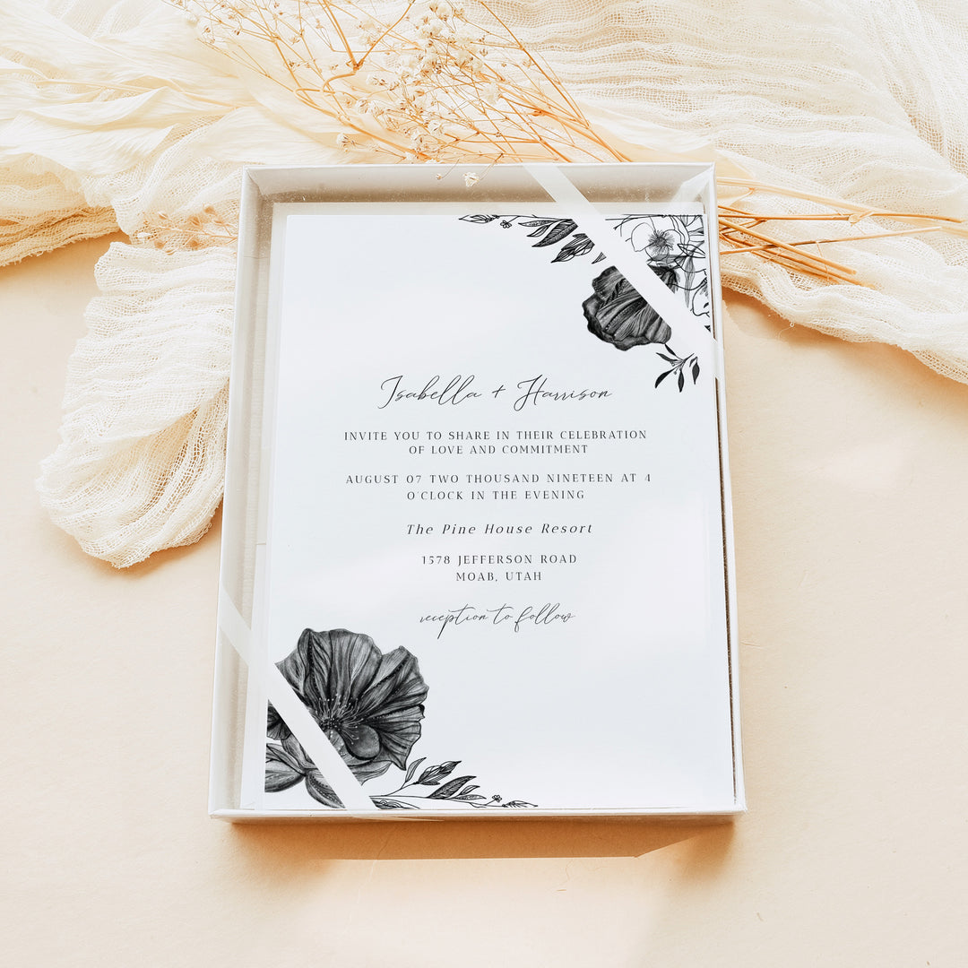 NOVA Elegant Black and White Floral Wedding Invitations