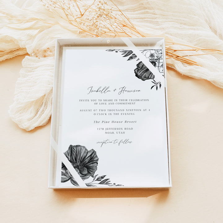 NOVA Elegant Black and White Floral Wedding Invitations