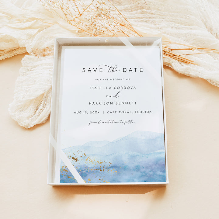 BLAKELY Sky Blue Beach Wedding Save the Date Invitations with Photo