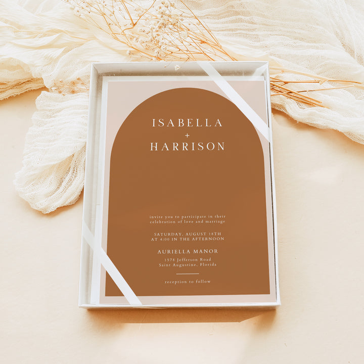 MIA Burnt Orange Minimalist Arch Wedding Invitation with Photo