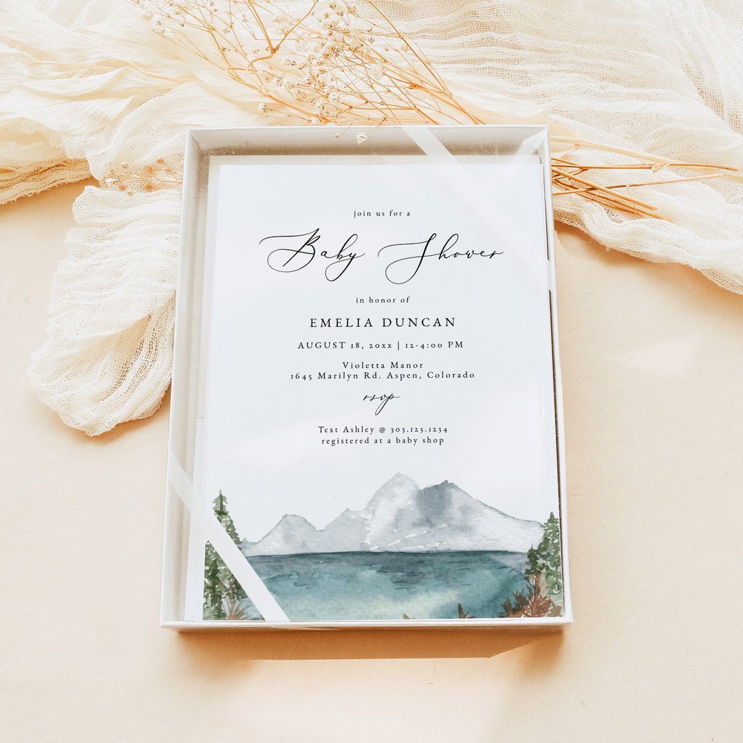 CLOVER Rustic Watercolor Lake Bridal Shower Invitation