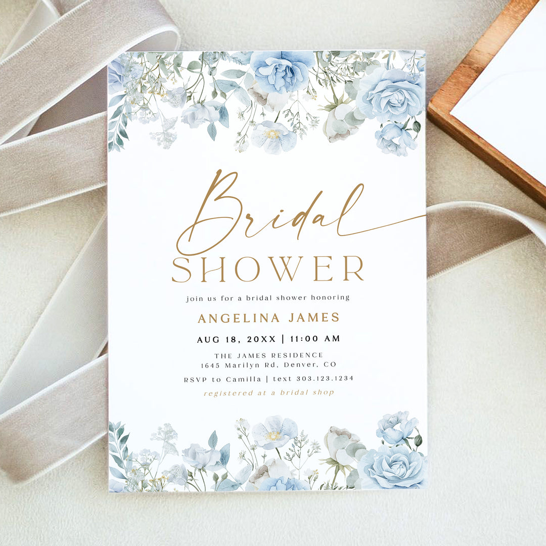 FLEUR Dusty Blue Floral Bridal Shower Invitation