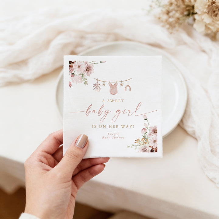 LUCY Personalized Pink Clothesline Boho Baby Shower Napkins