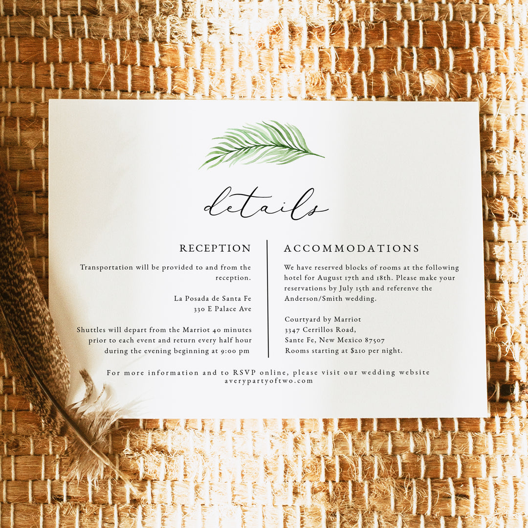 CORA Green Tropical Palm Leaf Wedding Details Card
