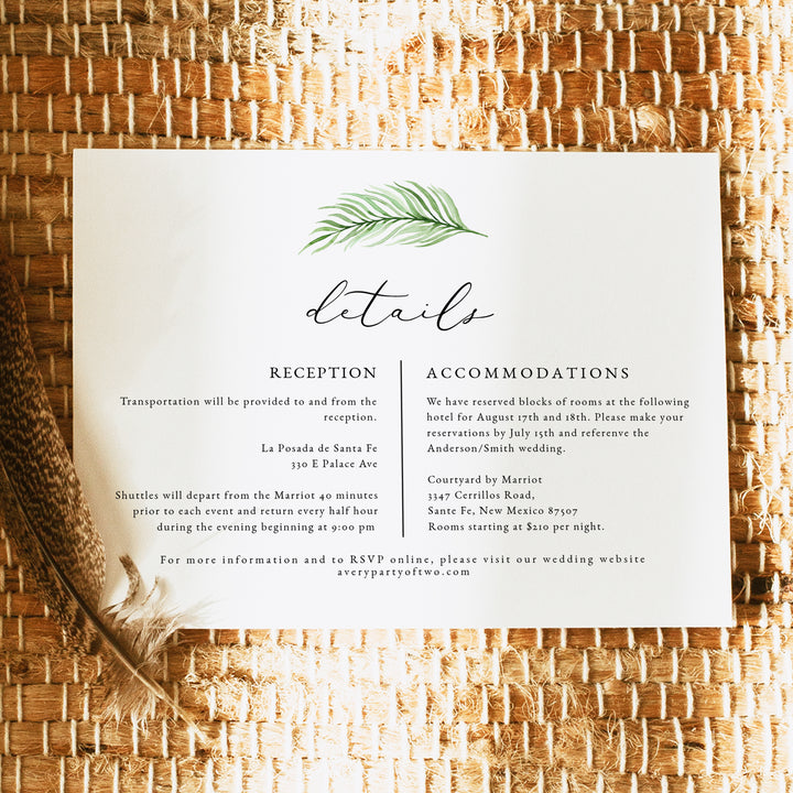 CORA Green Tropical Palm Leaf Wedding Details Card
