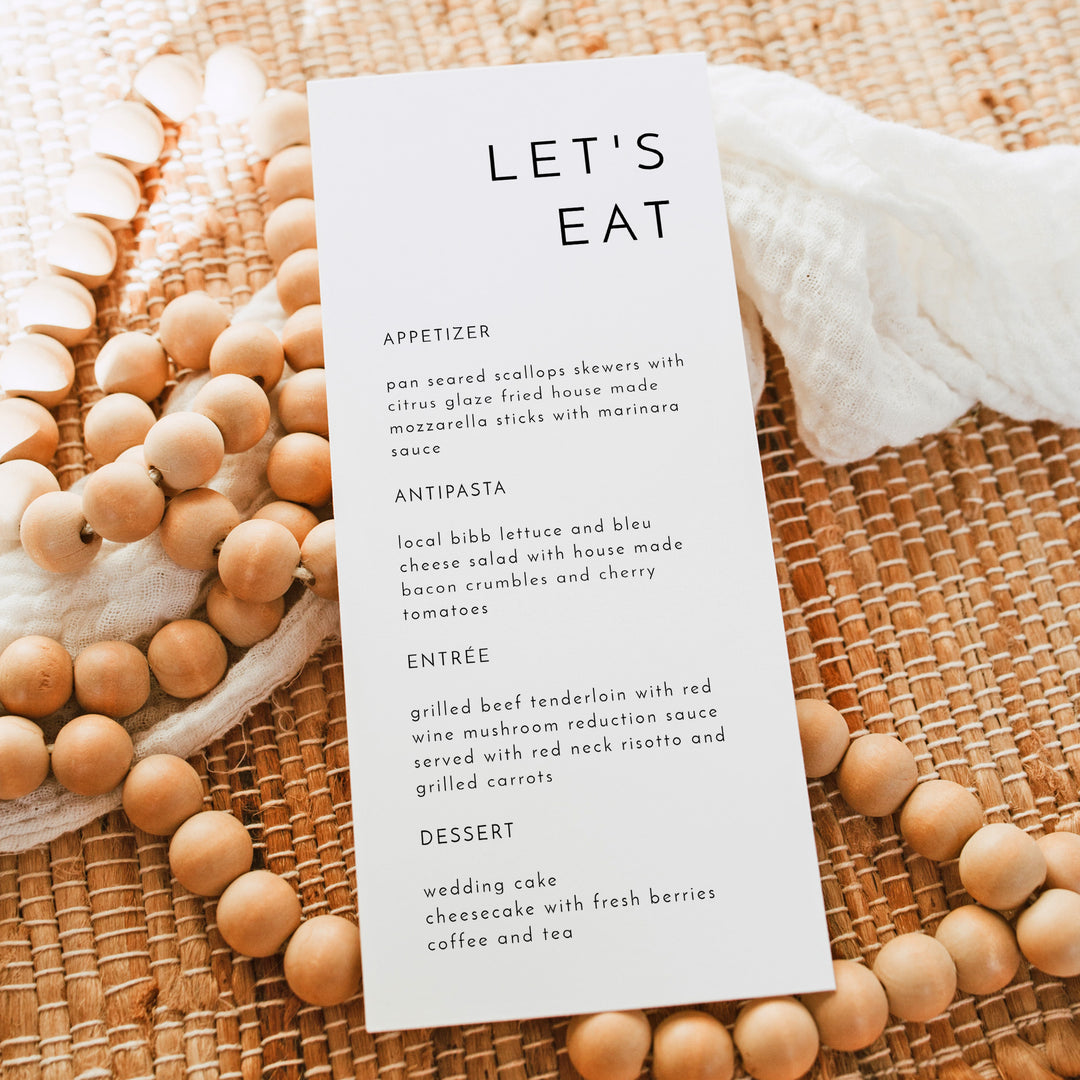 KENNEDY Let's Eat Menu Cards for Modern Wedding or Engagement Party