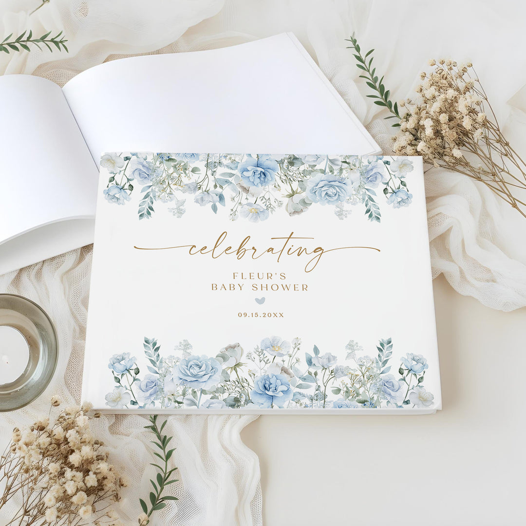 FLEUR Dusty Blue Winter Floral Baby Shower Guest Book Keepsake