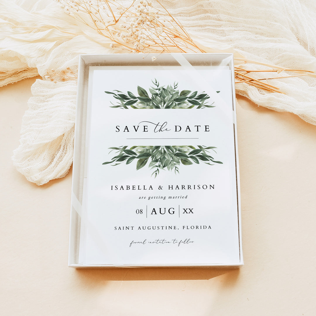 LANA Winter Greenery Watercolor Wedding Save the Date Cards