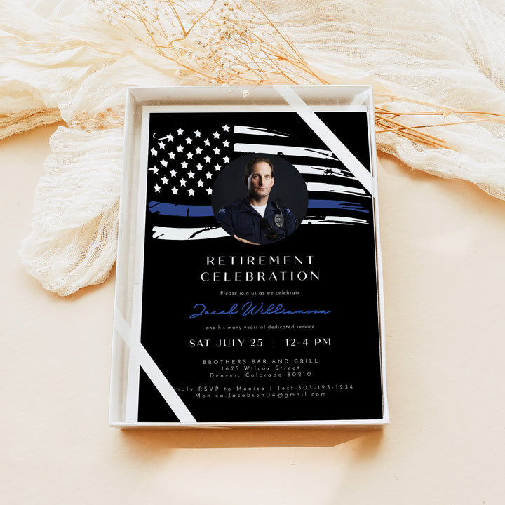 POLICE Tribute Photo Retirement Invitations with Thin Blue Line Flag