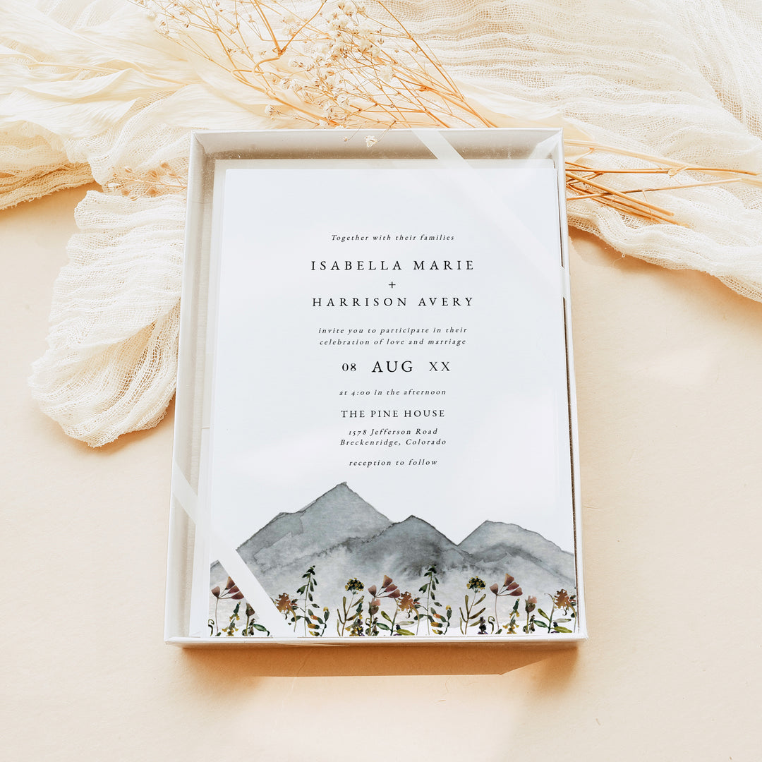 HEIDI Rustic Outdoor Wedding Invitation with Watercolor Mountains