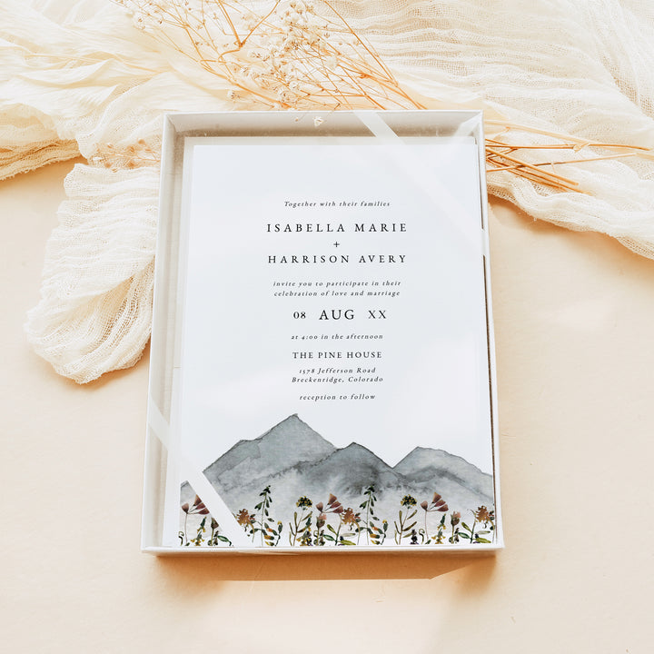 HEIDI Rustic Outdoor Wedding Invitation with Watercolor Mountains