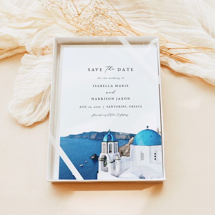 SANTORINI Greece Skyline Save the Date Cards for Greek Wedding