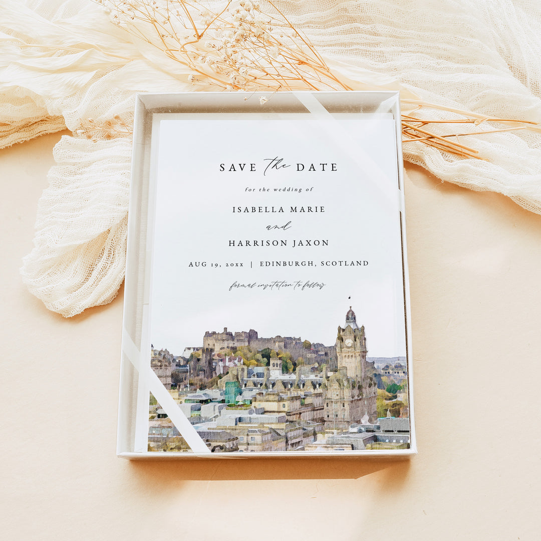 EDINBURGH Scotland Skyline Watercolor Save the Dates with Photo