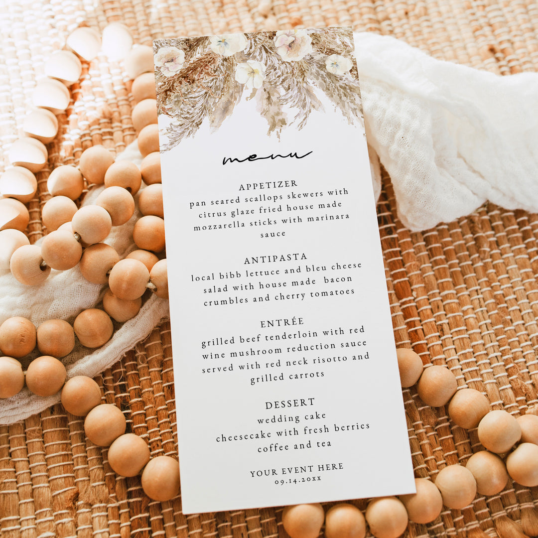 CIERA Bohemian Pampas Cream Boho Floral Menu Cards