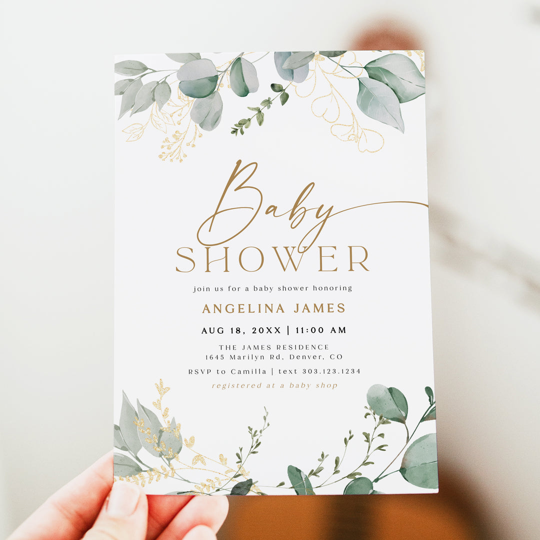 CALIA Elegant Greenery and Gold Baby Shower Invitation
