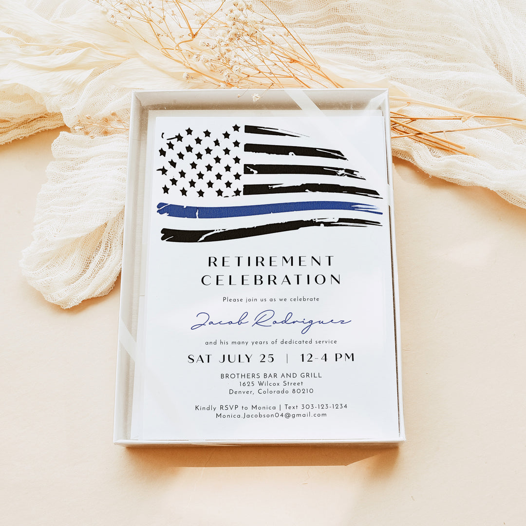 POLICE Officer Thin Blue Line Flag Retirement Party Invitation with Photo