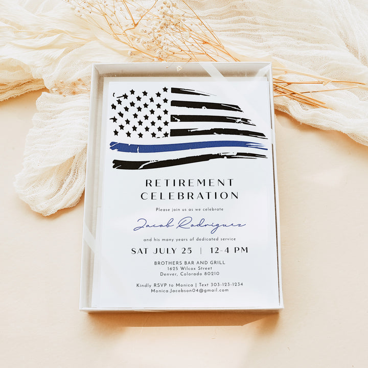 POLICE Officer Thin Blue Line Flag Retirement Party Invitation with Photo