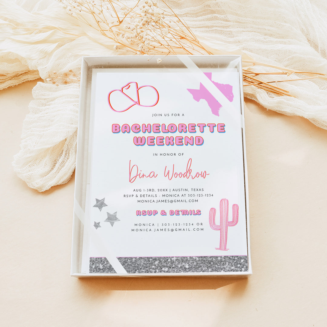 DINA Pink Disco Cowgirl Texas Bachelorette Invitation & Itinerary
