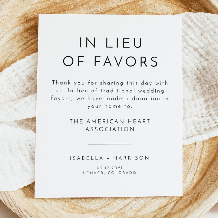KENNEDY In Lieu of Favors Wedding Table Sign Unframed