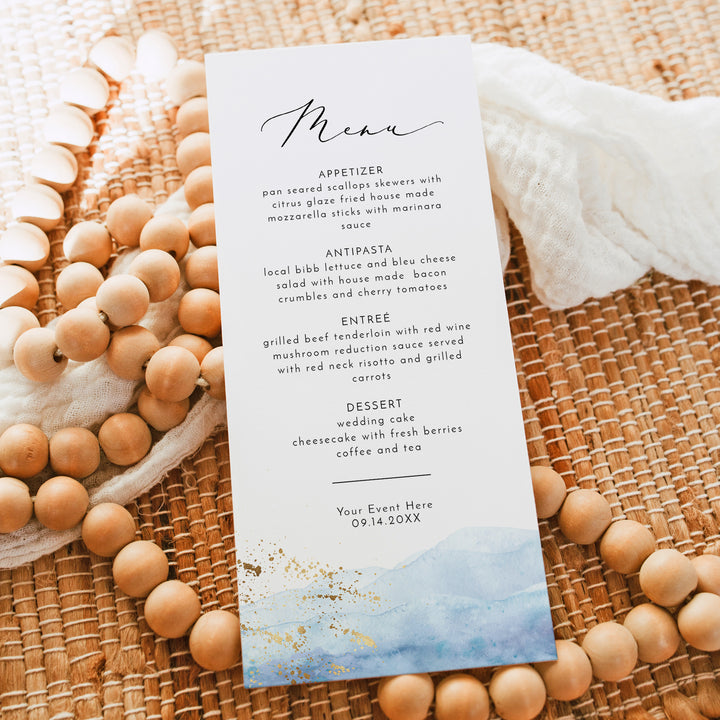 BLAKELY Elegant Dusty Blue Ocean Beach Menu Cards