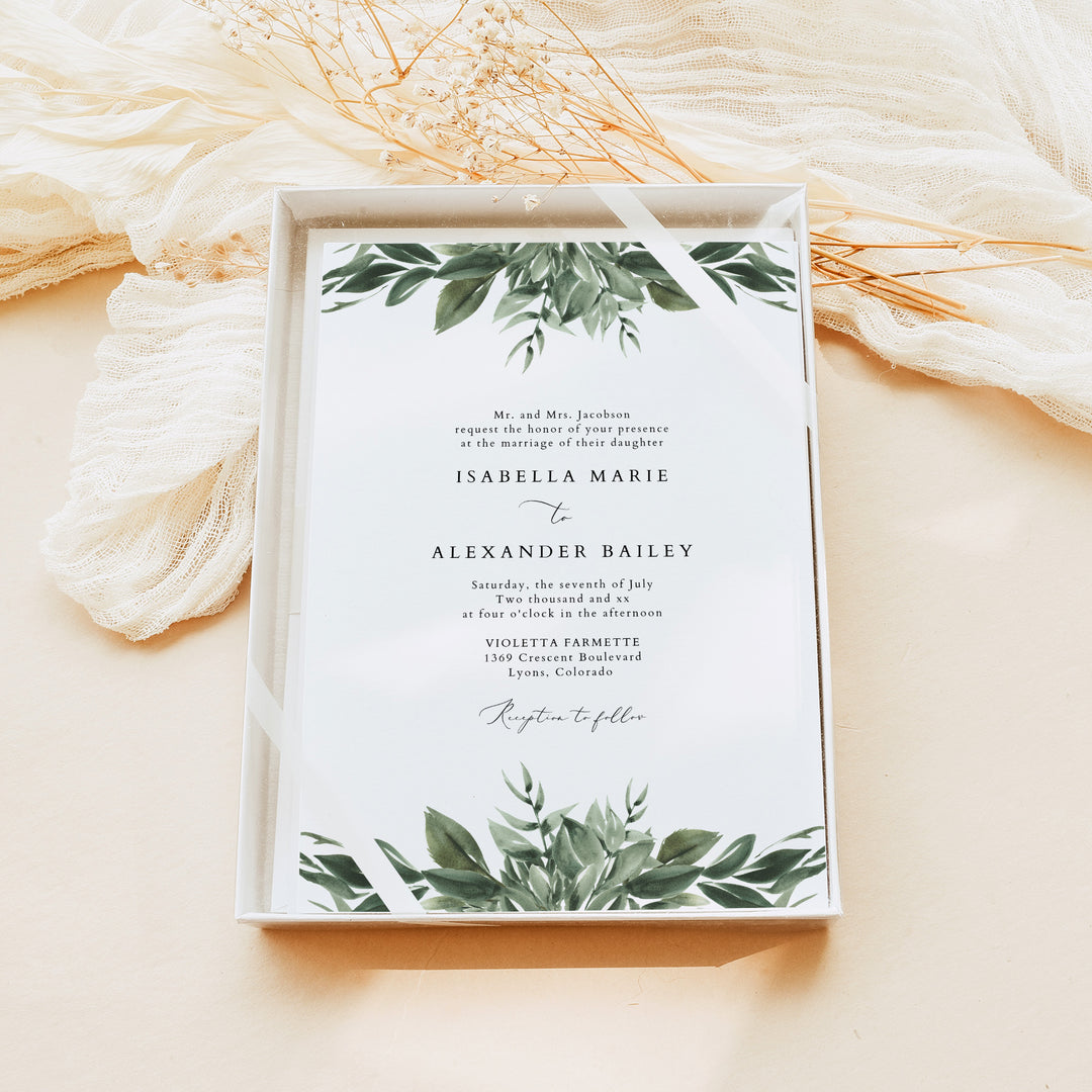 LANA Olive Green Boho Greenery Wedding Invitations