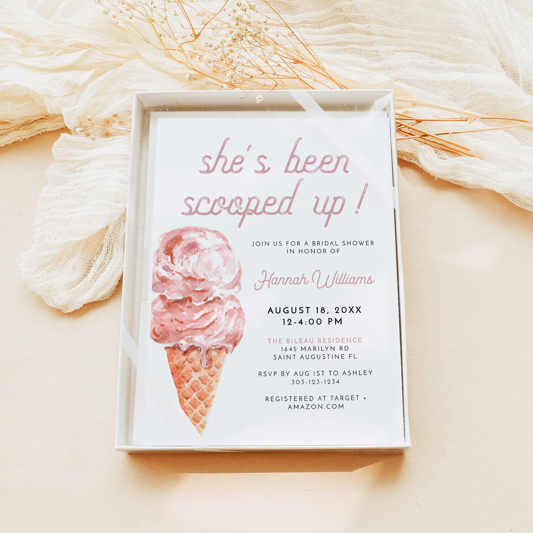 CLARA She's Been Scooped Up Pink Ice Cream Bridal Shower Invite