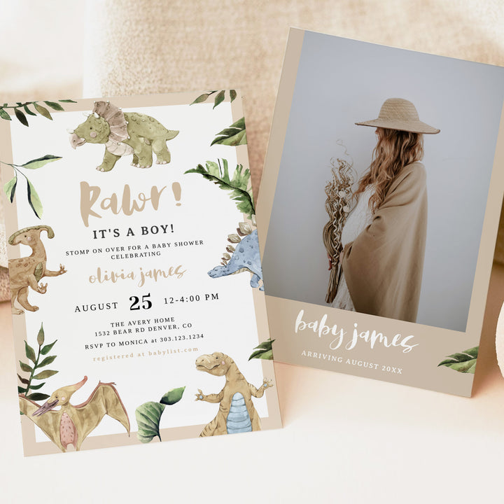 SPIKE Blue and Green Rustic Dinosaur Baby Shower Invitation