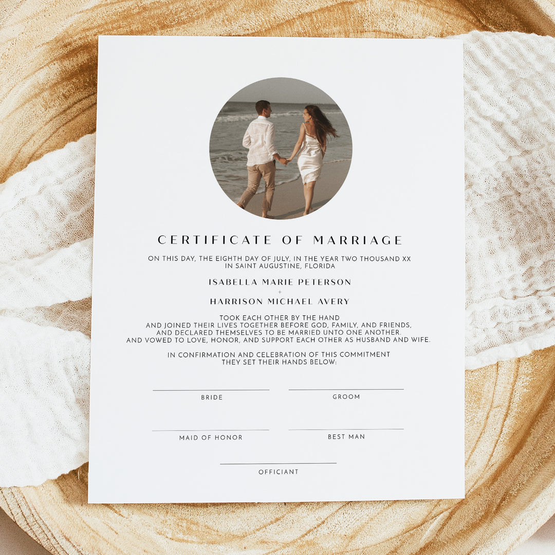 WILLOW Simple Marriage Handfasting Certificate with Photo - Unframed
