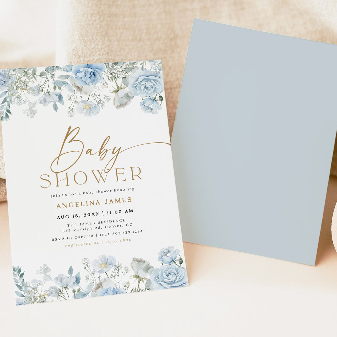 FLEUR Elegant Blue Floral Brunch Baby Shower Invitation
