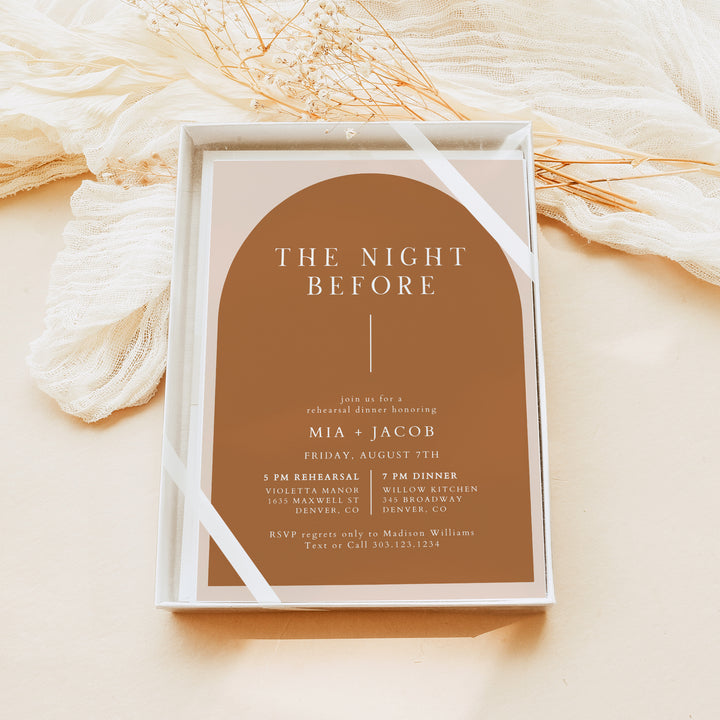 MIA The Night Before Boho Arch Wedding Rehearsal Dinner Invitations