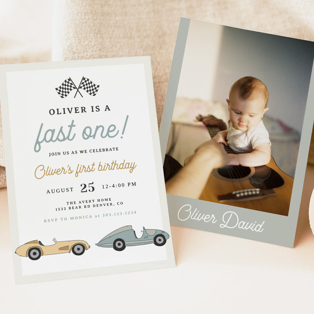 MAVERICK Boy's Retro Racing Car First Birthday Invitation with Photo