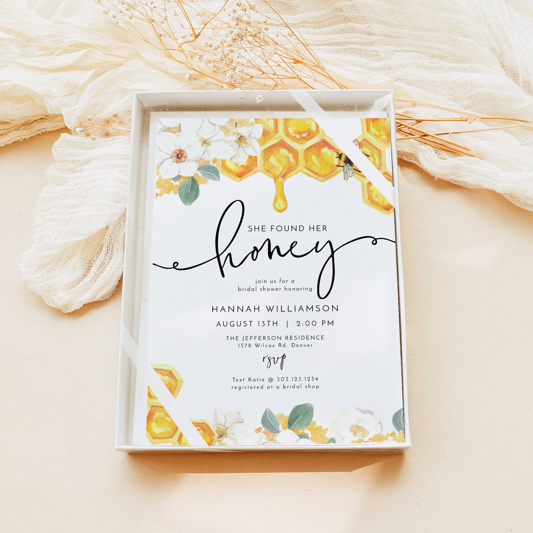 ROMY She Found Her Honey Bee Themed Bridal Shower Invitations