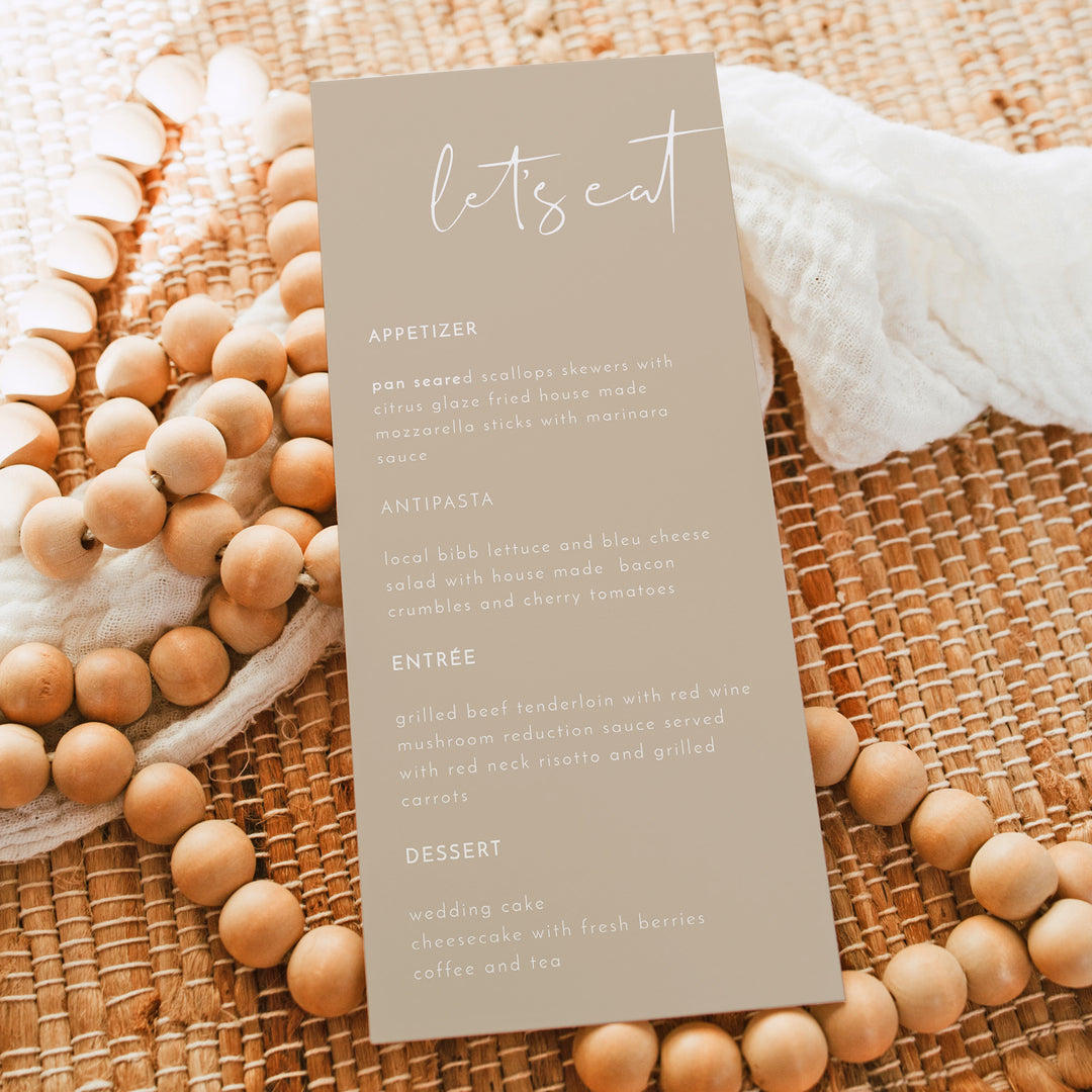 INDIE Beige Let's Eat Menu Cards for Desert Boho Wedding