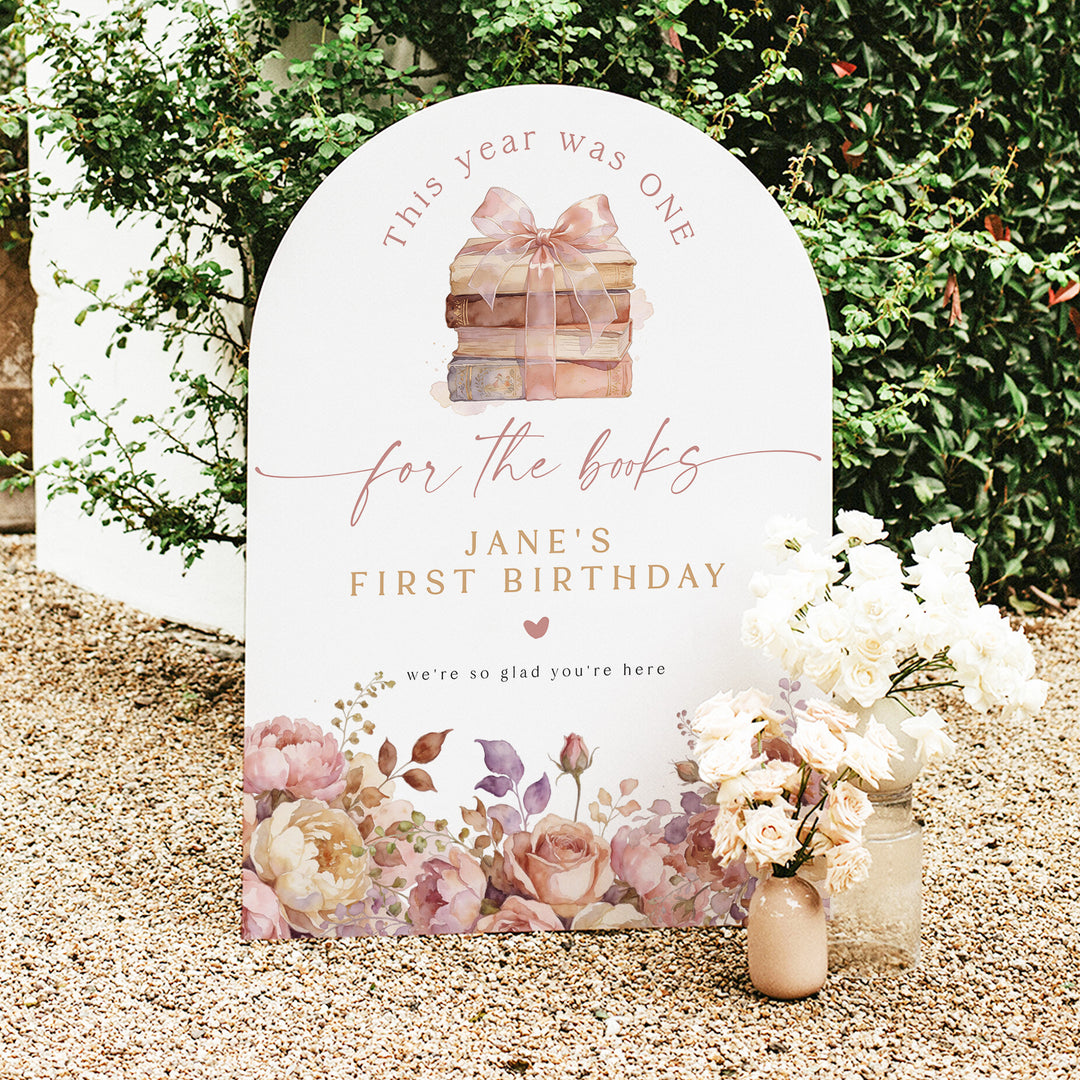 JANE One For The Books Girl's First Birthday Party Sign