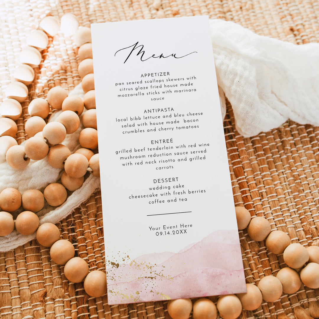 JULIEN Blush Pink and Gold Watercolor Menu Cards