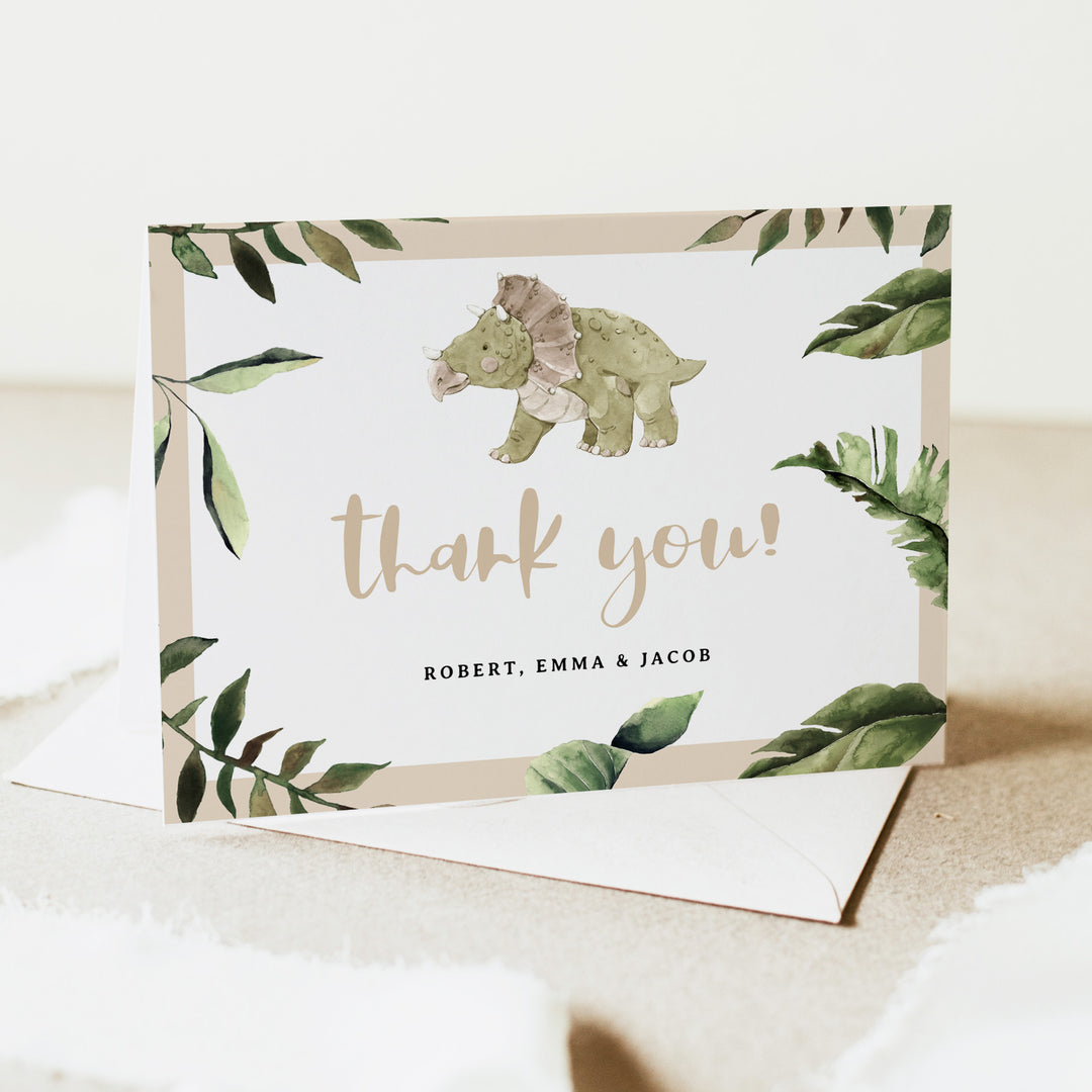SPIKE Cute Beige and Blue Dinosaur Baby Shower Thank You Cards
