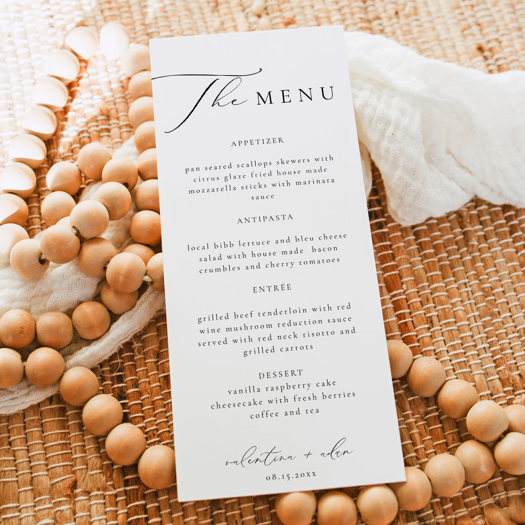 VALENTINA Minimalist Black and White Wedding Menu Cards