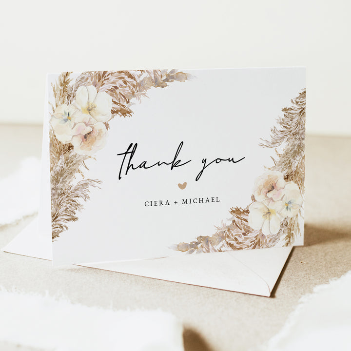 CIERA Pampas and Cream Floral Wedding Thank You Card Personalized