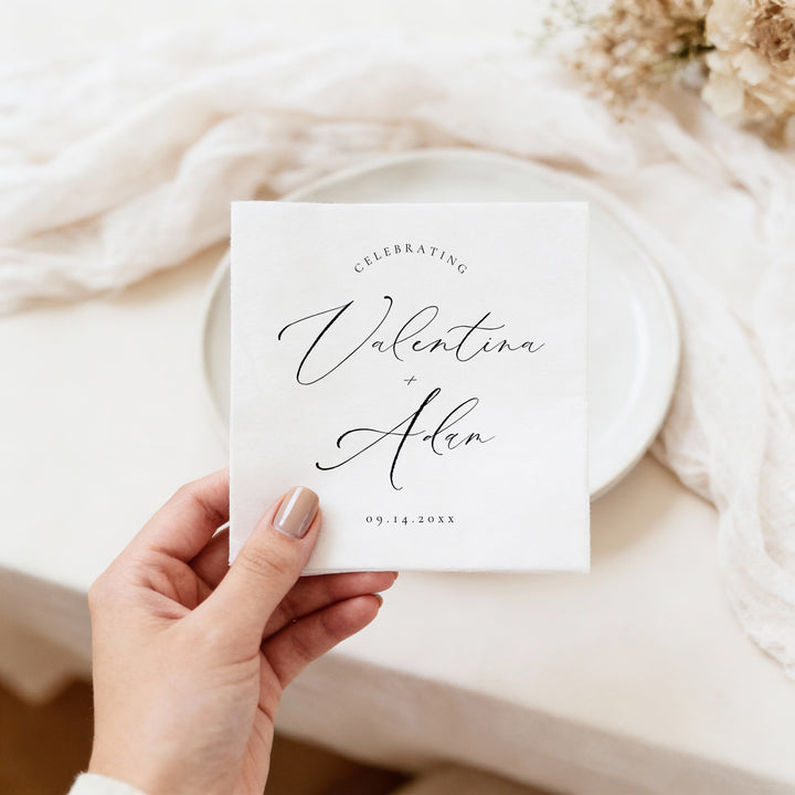 VALENTINA Personalized Black and White Elegant Wedding Napkins
