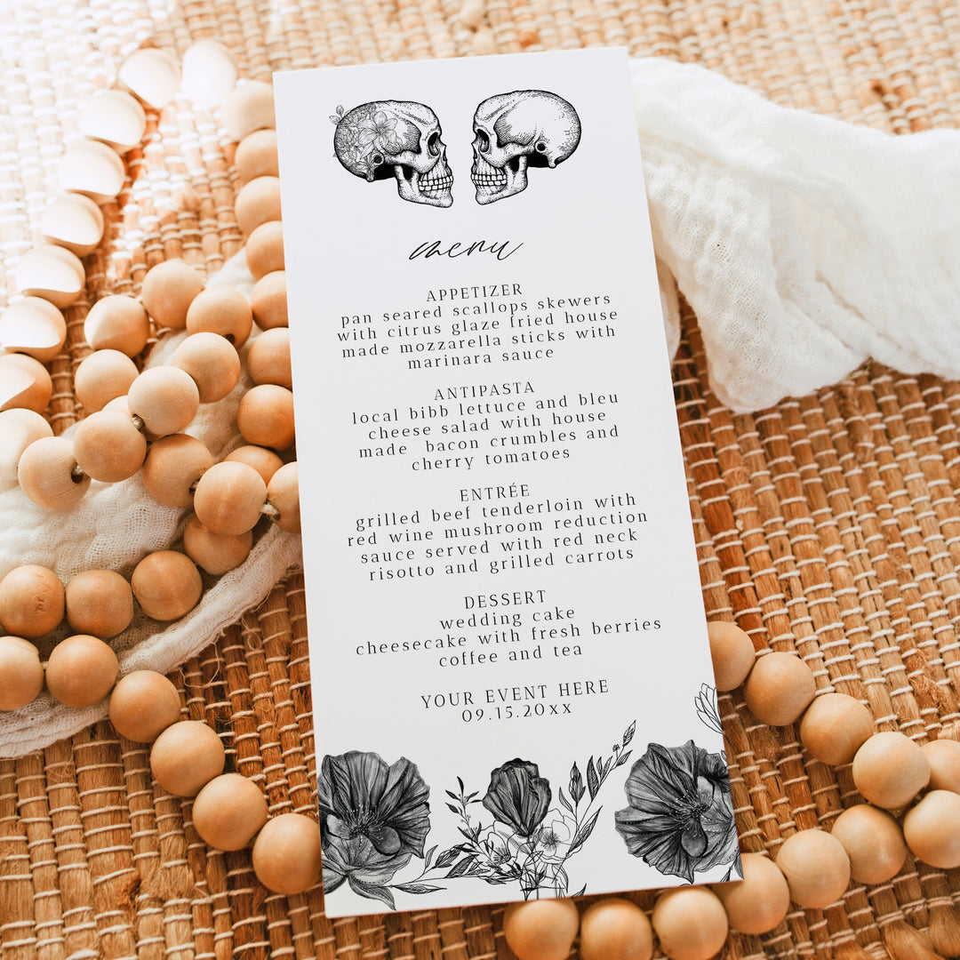 NOVA Dark Romance Skull Menu Cards for October Wedding